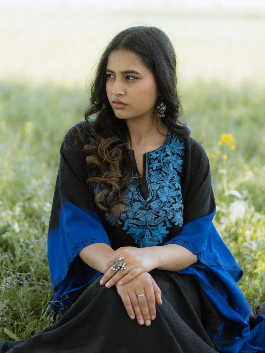 Midnight Sky Cotton Kaftan with Sapphire Blue Aari Embroidery - KaarKash